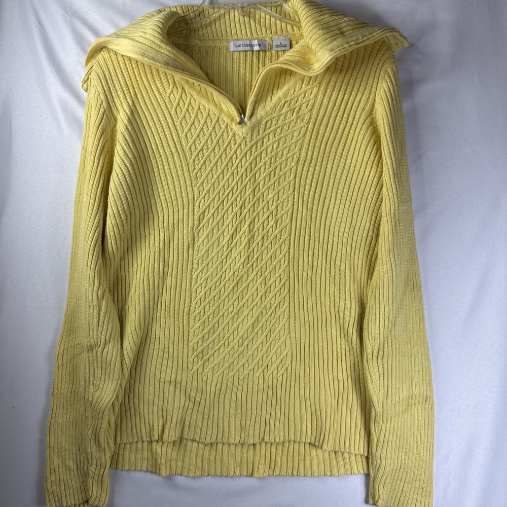 Liz Claiborne Yellow Ribbed Quarter Zip Sweater L Mock Neck Cotton Blend
